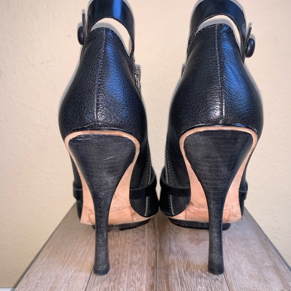 BEBE BLACK LEATHER PEEP TOE PLATFORM BOOTE - Picture 8 of 9